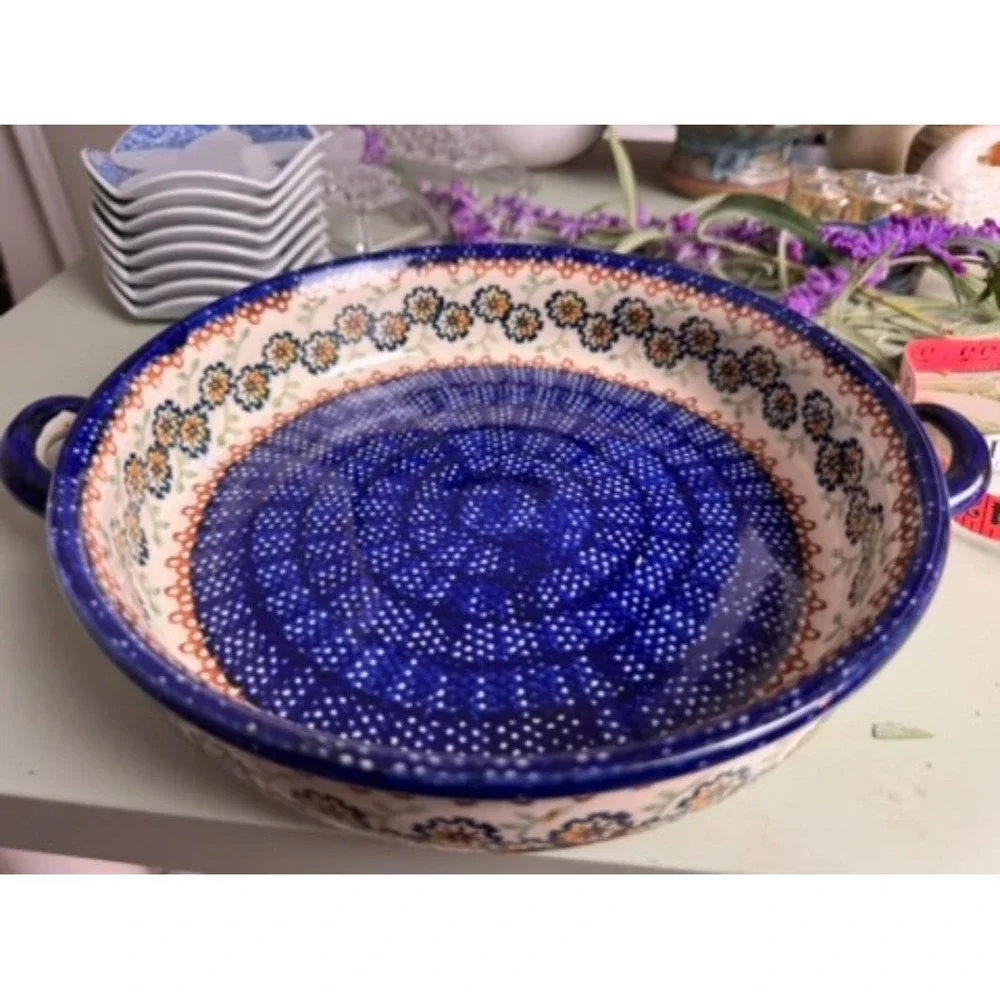 Vintage Hand-painted Serving Dish Stoneware Cobalt Blue‎ Floral Unikat Pattern